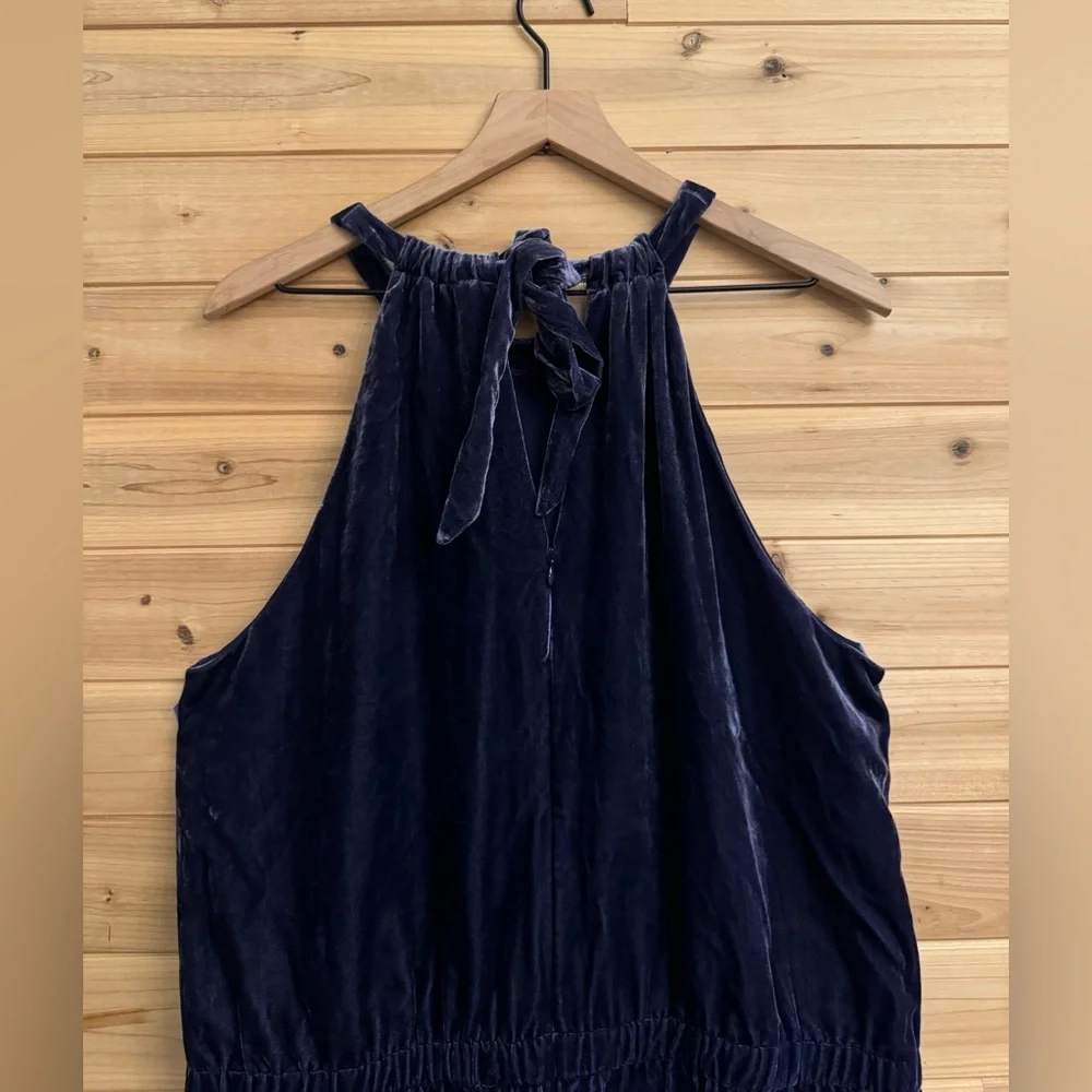Loft XL Indigo Crushed Velvet Halter Relaxed Jumpsuit Pockets Fall Velour Party
